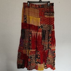 Patchwork Colorful Bohemian Midi Skirt 100% Cotton Warm Tones Pink Orange India